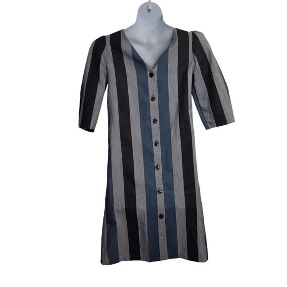 VINTAGE 70s striped puff sleeve button up back shift dress S - Picture 3 of 10